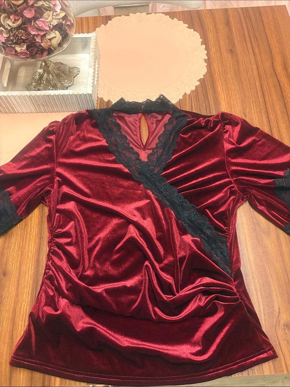 Women's Velvet Lace Trim Sleep Top - Burgundy